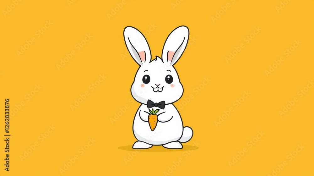 Cute Cartoon Bunny with Carrot in Bowtie on Bright Yellow Background for Fun Designs Cute Cartoon Bunny with Carrot in Bowtie on Bright Yellow Background for Fun Designs