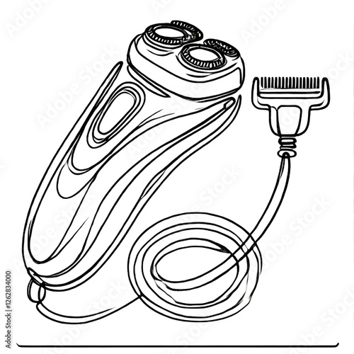 Electric shaver drawing, one continuous line, isolated on white background