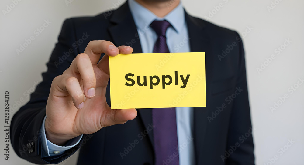 Businessman is holding a card on which is written supply, Business, Corporate, Office, Teamwork, Finance, Technology, Meeting, Success, Marketing, Strategy. Businessman is holding a card on which is written supply, Business, Corporate, Office, Teamwork, Finance, Technology, Meeting, Success, Marketing, Strategy.