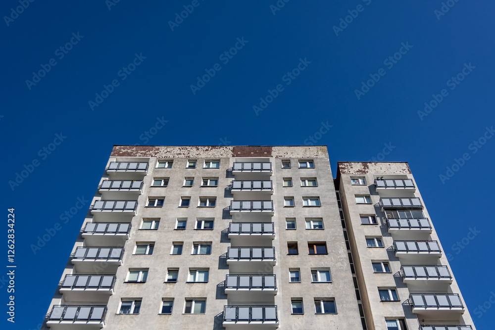 Facade of Great Panel type of apartment building in Goclaw area of Warsaw, Poland