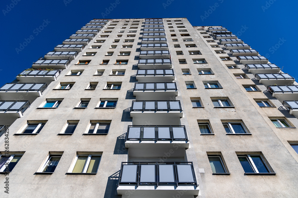 Facade of Great Panel type of apartment building in Goclaw area of Warsaw, Poland