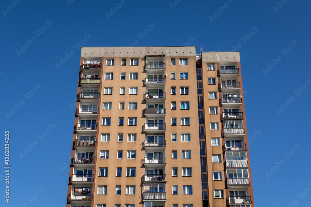 Facade of Great Panel type of apartment building in Goclaw area of Warsaw, Poland