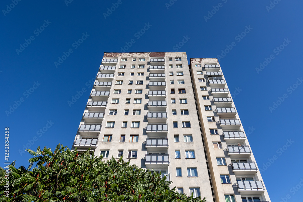 Facade of Great Panel type of apartment building in Goclaw area of Warsaw, Poland