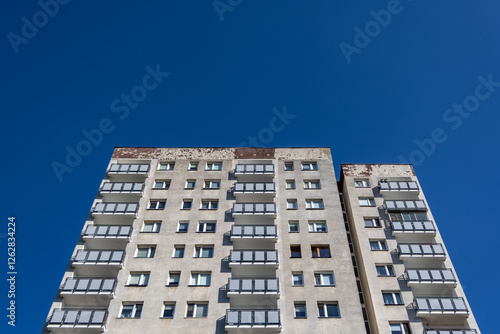 Facade of Great Panel type of apartment building in Goclaw area of Warsaw, Poland