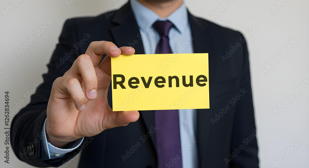 Businessman is holding a card on which is written revenue, Business, Corporate, Office, Teamwork, Finance, Technology, Meeting, Success, Marketing, Strategy. Businessman is holding a card on which is written revenue, Business, Corporate, Office, Teamwork, Finance, Technology, Meeting, Success, Marketing, Strategy.