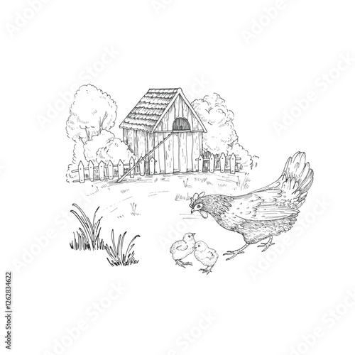 Landscape with a hen, chicks on the background of trees, bushes and a chicken coop. Vector illustration drawn with ink by hand. Sketch scene of a farm.