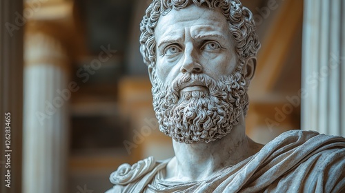 The image features a meticulously crafted marble statue depicting a stoic figure, capturing intricate details of facial features and expressions, evoking contemplation.