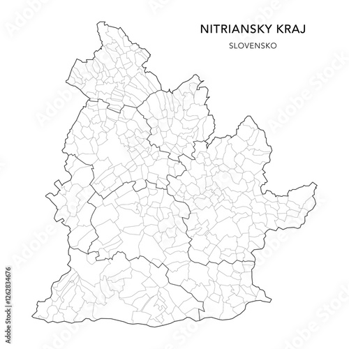 Geopolitical Vector Map of the Nitra Region (Nitriansky Kraj) with Municipalities (Obcí), and Districts (Okres) Administrative Subdivisions as of 2025 - Slovakia (Slovensko)