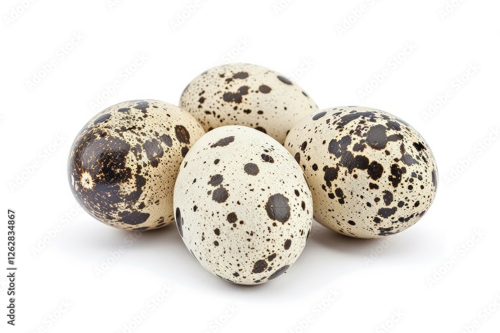 Cluster of speckled quail eggs on white background. Neural network AI generated Cluster of speckled quail eggs on white background. Neural network AI generated