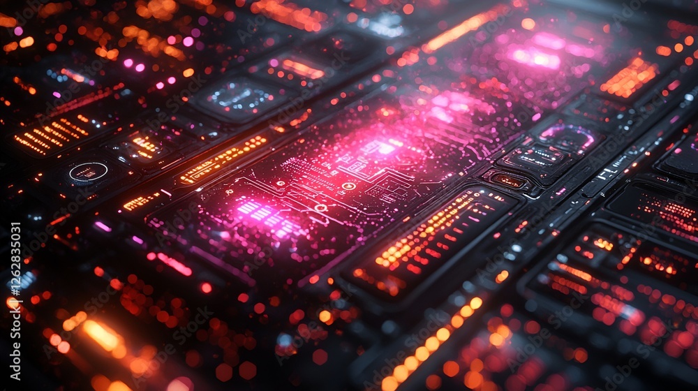 Obraz premium Futuristic circuit board with glowing, vibrant lights; technological display