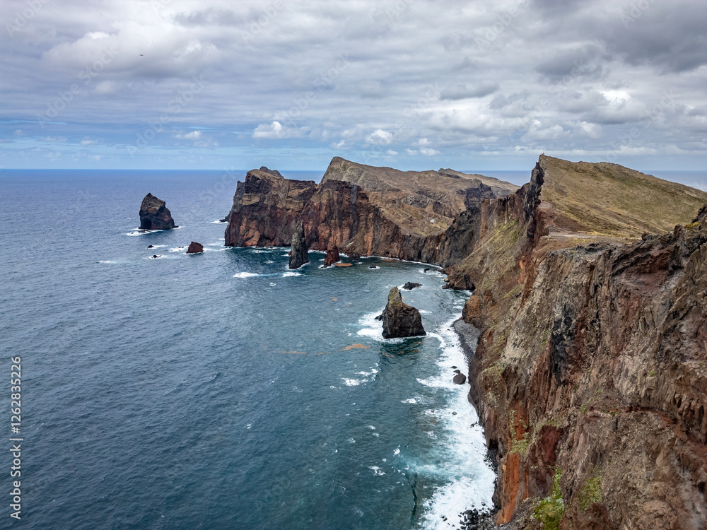Aerial drone view of Ponta de Sao Lourenco, easternmost point of Madeira Island in Portugal