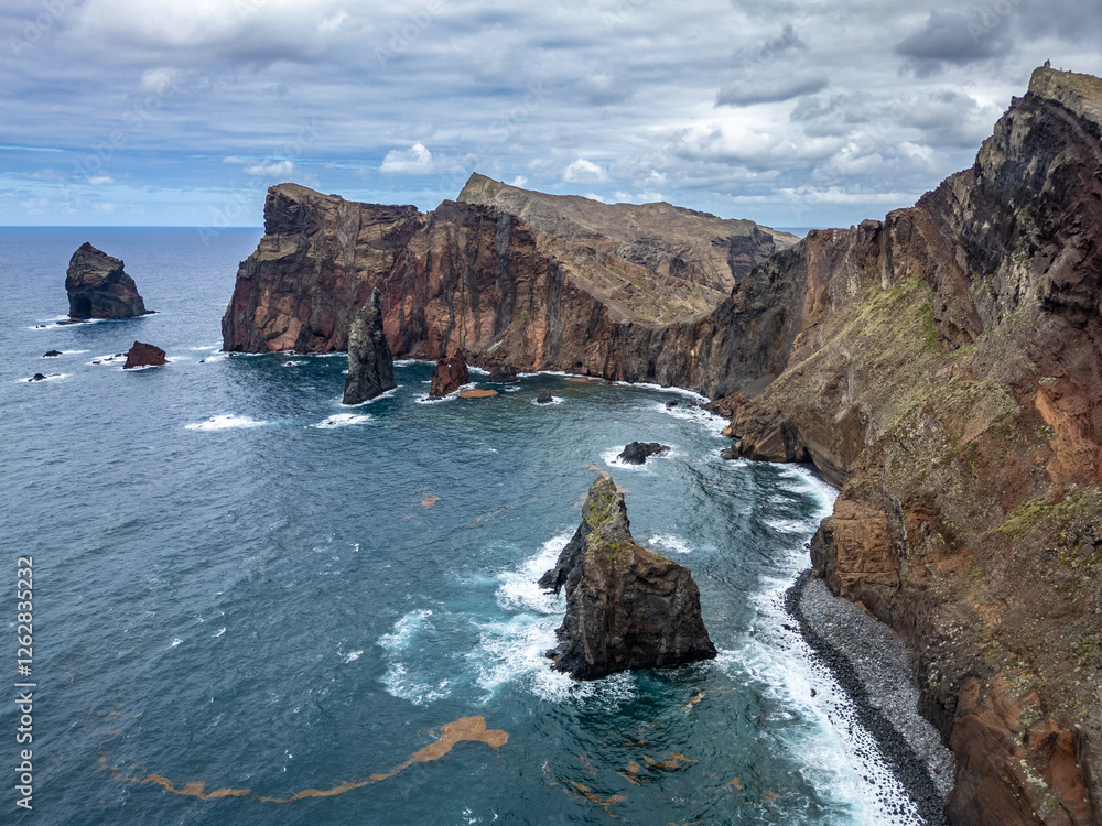 Aerial drone view of Ponta de Sao Lourenco, easternmost point of Madeira Island in Portugal