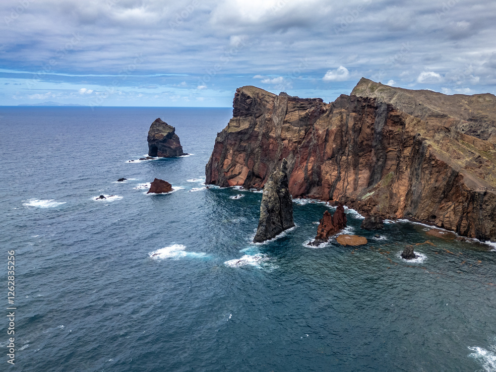 Aerial drone view of Ponta de Sao Lourenco, easternmost point of Madeira Island in Portugal