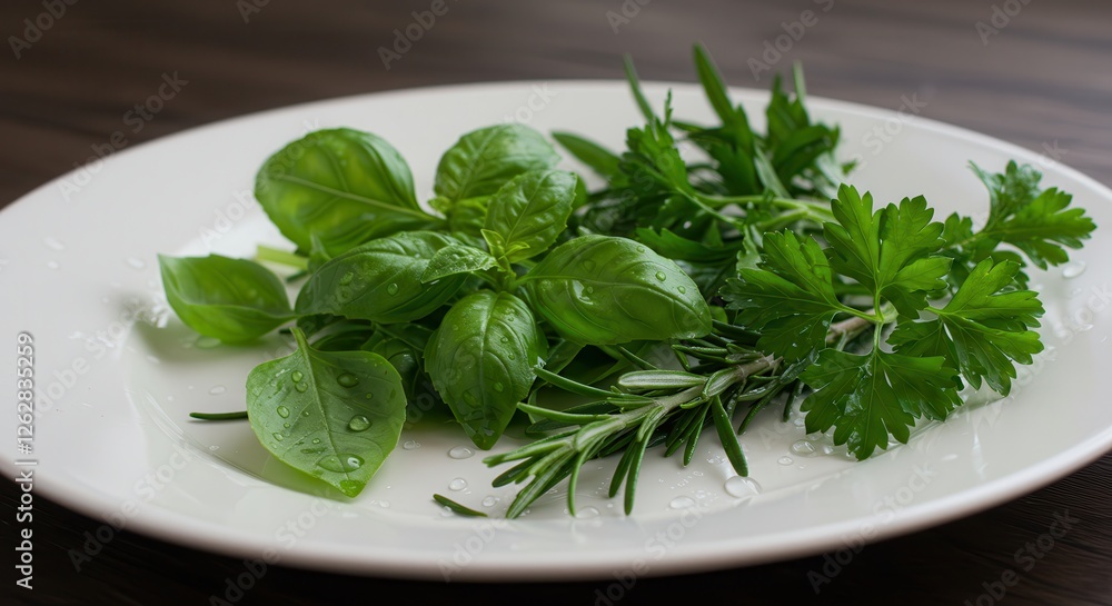 Fresh Herbs on White Plate Basil Rosemary Parsley and Arugula Fresh Herbs on White Plate Basil Rosemary Parsley and Arugula