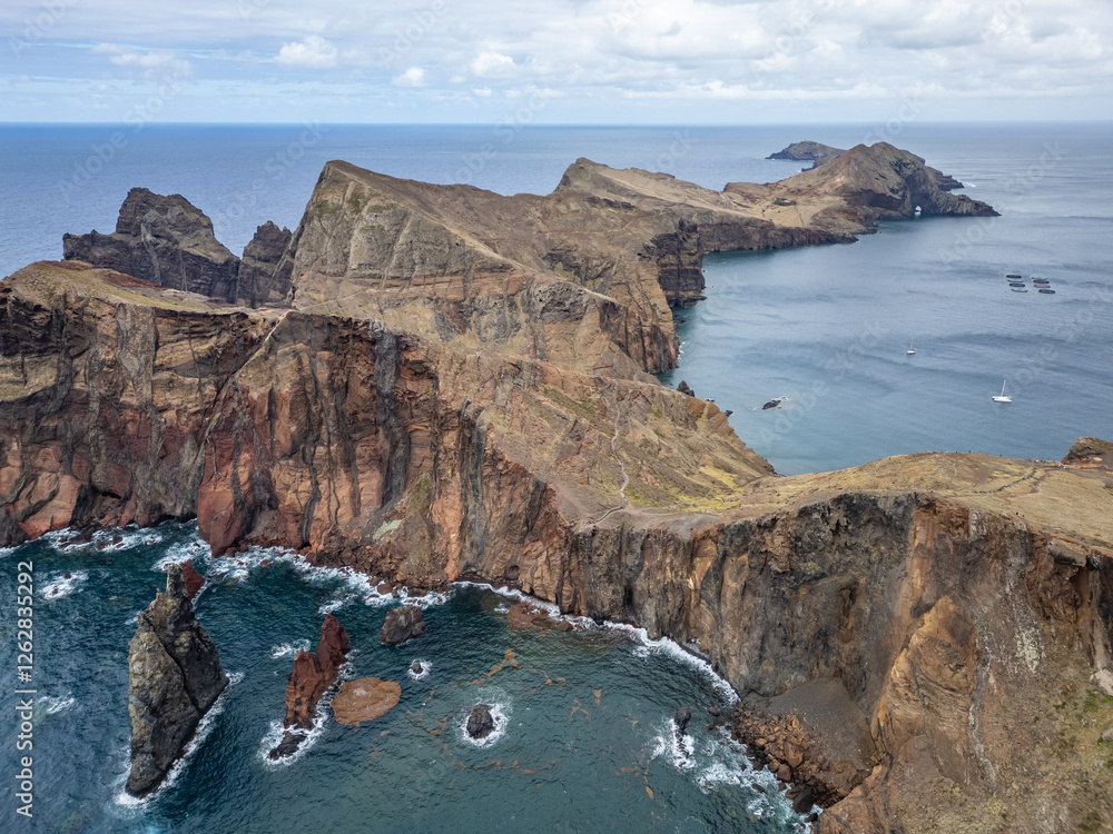 Aerial drone view of Ponta de Sao Lourenco, easternmost point of Madeira Island in Portugal