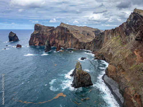 Obraz na płótnie Aerial drone view of Ponta de Sao Lourenco, easternmost point of Madeira Island in Portugal w salonie
