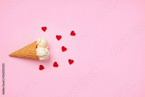 pink background golden ice cream cone small red white hearts photo