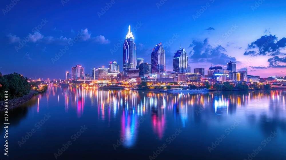 Fototapeta premium Nighttime Reflection of City Skyline with Illuminated Buildings and Calm Water Surface