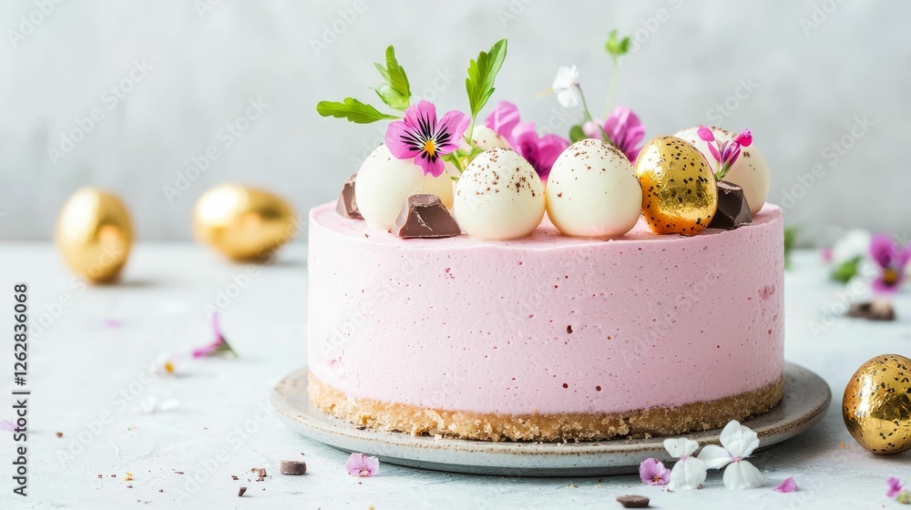 Fototapeta premium A beautiful pink cake adorned with flowers, chocolate, and golden eggs, perfect for celebrations and special occasions.