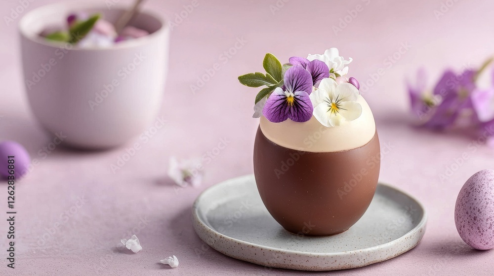 A beautifully decorated chocolate egg filled with creamy white frosting and topped with delicate flowers, set on a soft pastel background. A beautifully decorated chocolate egg filled with creamy white frosting and topped with delicate flowers, set on a soft pastel background.