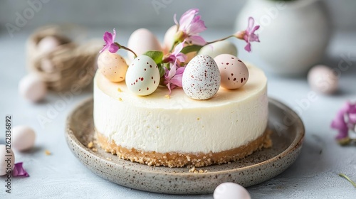 A beautifully decorated cheesecake topped with pastel-colored eggs and flowers, perfect for spring celebrations and festive occasions.