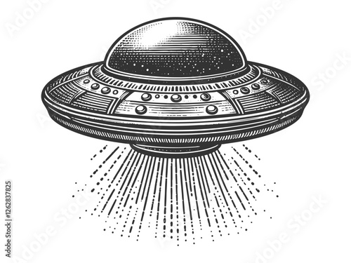 UFO flying saucer emitting a powerful beam of light, blending retro sci-fi with a mysterious extraterrestrial theme sketch engraving generative ai vector illustration. Scratch board. Black and white.