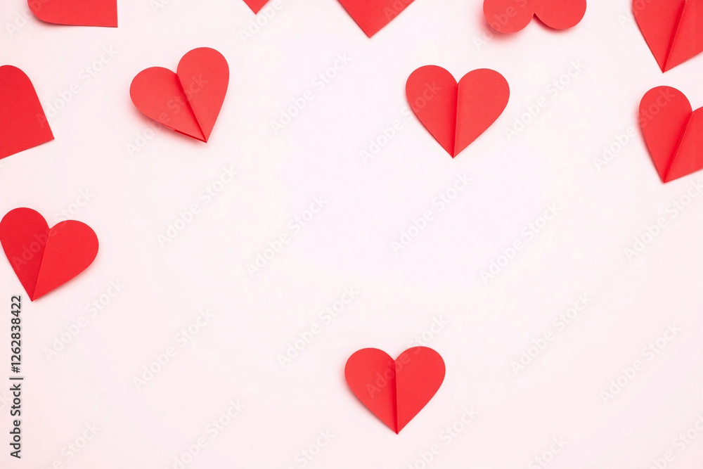 red paper hearts different sizes scattered white bg depth red paper hearts different sizes scattered white bg depth