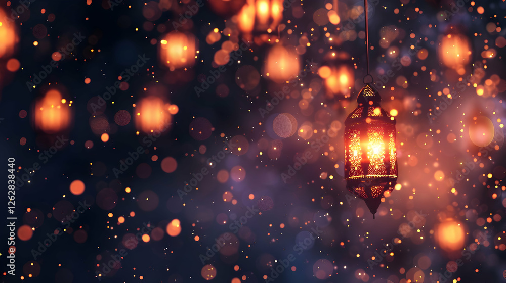 Naklejka premium Glowing lanterns illuminate a dreamy night sky filled with shimmering bokeh lights