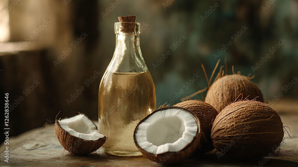 Bottle of coconut oil and fresh coconuts Bottle of coconut oil and fresh coconuts