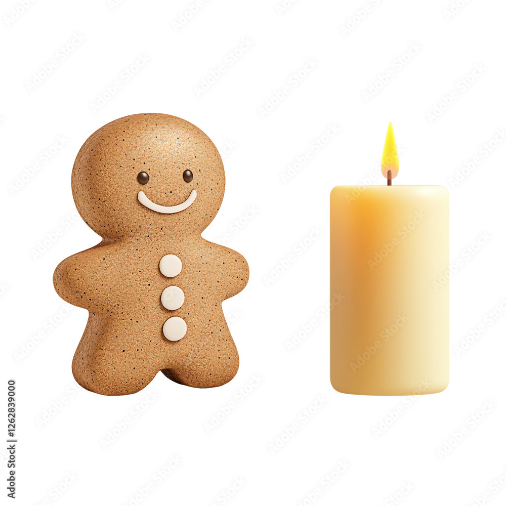 Gingerbread Man and Candle: A cheerful gingerbread man stands beside a lit candle, a playful and festive illustration perfect for holiday decorations, cards, and designs. Gingerbread Man and Candle: A cheerful gingerbread man stands beside a lit candle, a playful and festive illustration perfect for holiday decorations, cards, and designs.