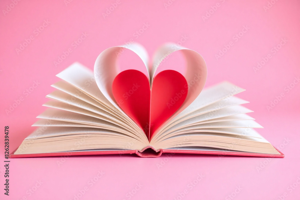 open book red heart pages folded V shape pink background