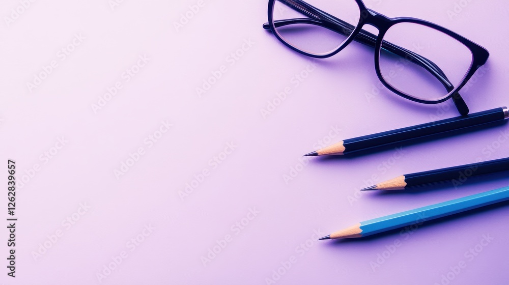 Flat Lay Composition with Glasses and Colored Pencils on Surface Flat Lay Composition with Glasses and Colored Pencils on Surface
