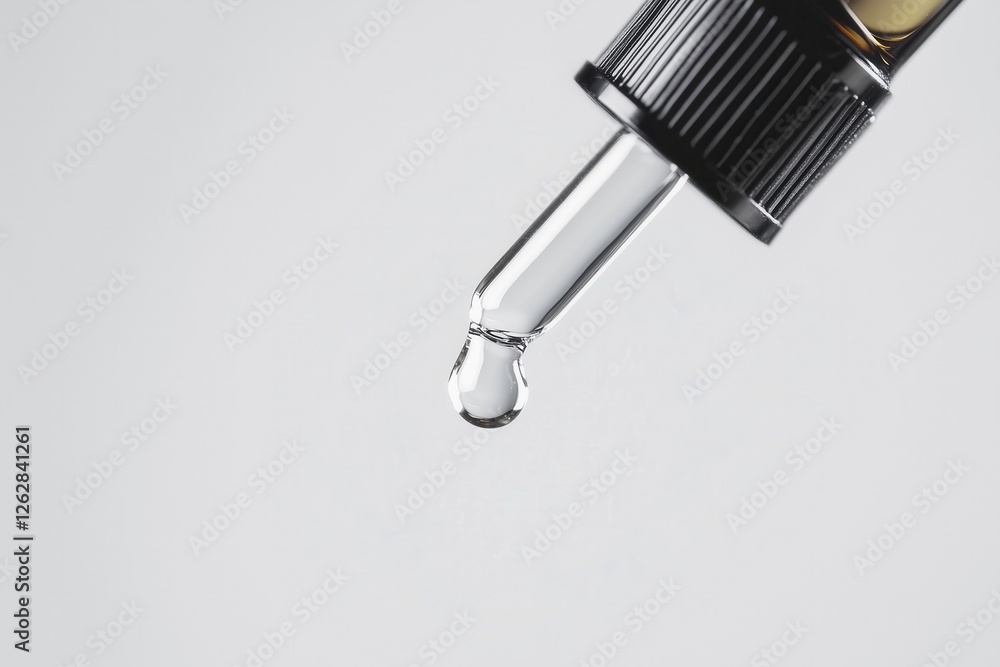 Pure essential oil dropping from glass pipette isolated on white background - close-up macro photography Pure essential oil dropping from glass pipette isolated on white background - close-up macro photography