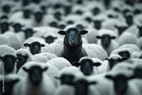 One rebellious black sheep standing out amongst a large flock of pristine white sheep photo