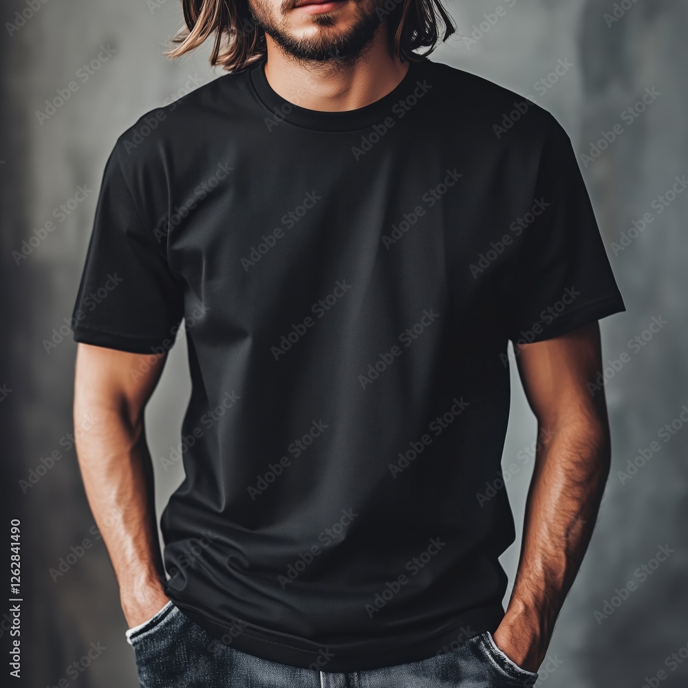 Realistic photographic mockup of a black t-shirt worn by a model in a casual setting Realistic photographic mockup of a black t-shirt worn by a model in a casual setting