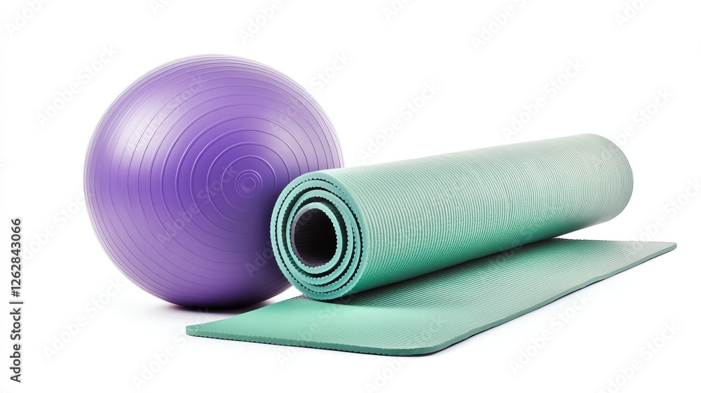 Yoga equipment including a purple exercise ball and a green yoga mat. Yoga equipment including a purple exercise ball and a green yoga mat.