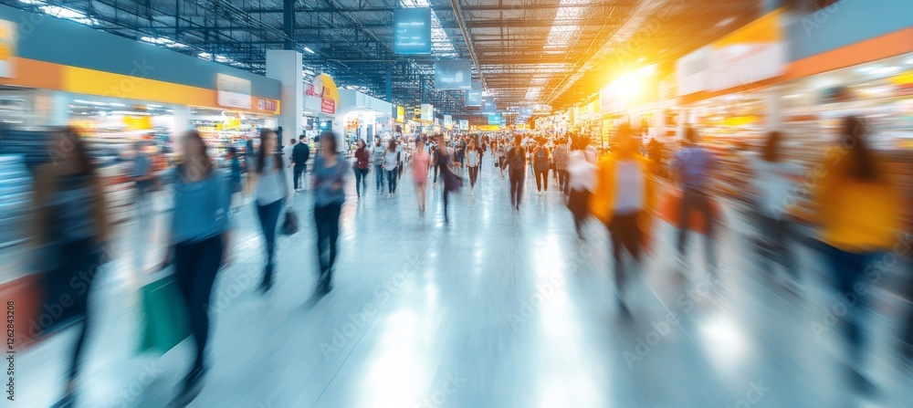Busy Shoppers Inside Shopping Mall, Blurred Motion and Bright Lights Create a Dynamic Atmosphere. Busy Shoppers Inside Shopping Mall, Blurred Motion and Bright Lights Create a Dynamic Atmosphere.