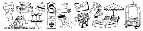 Hotel doodle set, vector hand drawn vacation line illustration, wedding honeymoon design elements. Room key, lobby card, reception bell, suite handle, travel baggage. Hotel doodle rest, tourism print