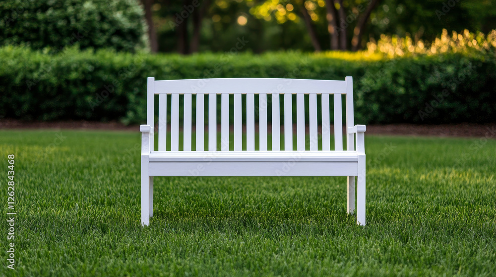 White bench sits peacefully on lush green lawn in tranquil garden White bench sits peacefully on lush green lawn in tranquil garden
