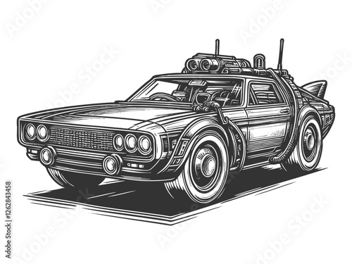 retro car with futuristic technology, cables, and gadgets, blending classic automobile design with a sci-fi aesthetic sketch engraving generative ai vector illustration. Scratch board. Black and white