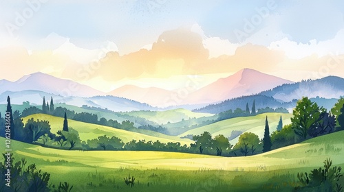 Watercolor landscape of rolling hills at sunrise, with warm tones blending into the sky and soft clouds