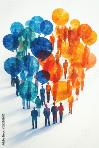 Abstract illustration of diverse people in conversation with speech bubbles
