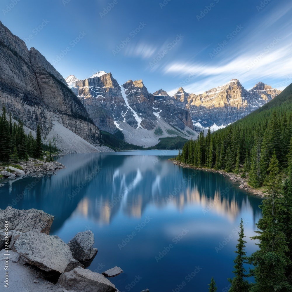 Fototapeta premium A serene mountain lake surrounded by lush trees and towering peaks, reflecting a clear blue sky.