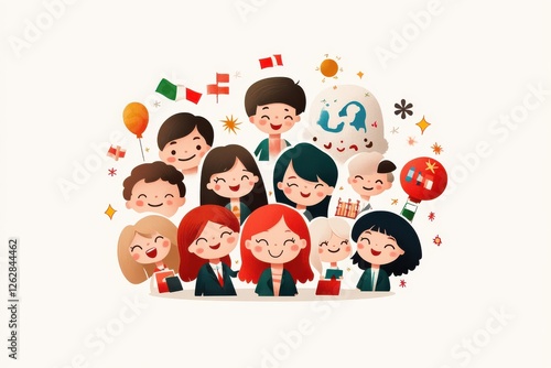 A cheerful group of diverse, cartoon-style characters celebrating with balloons and flags, showcasing happiness and togetherness.