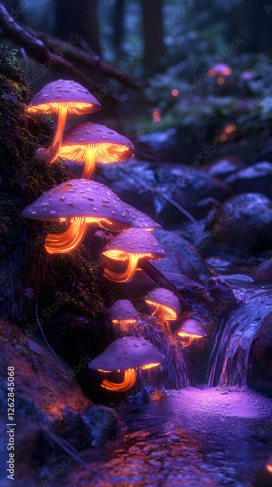 Fototapeta premium Fantasy photography of glowing mushrooms on the side of an enchanted forest stream 