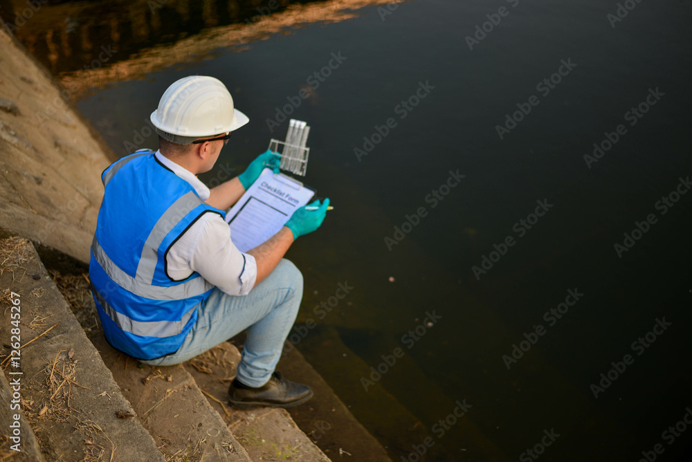 An expert ecologist is taking water samples back to a science lab to test aquatic life to examine the ecosystem. An expert ecologist is taking water samples back to a science lab to test aquatic life to examine the ecosystem.