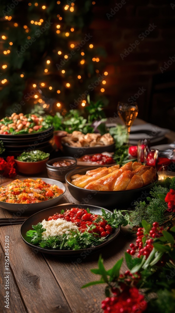 A beautifully arranged festive dining table with various dishes, vibrant decorations, and warm lighting, perfect for holiday celebrations. A beautifully arranged festive dining table with various dishes, vibrant decorations, and warm lighting, perfect for holiday celebrations.