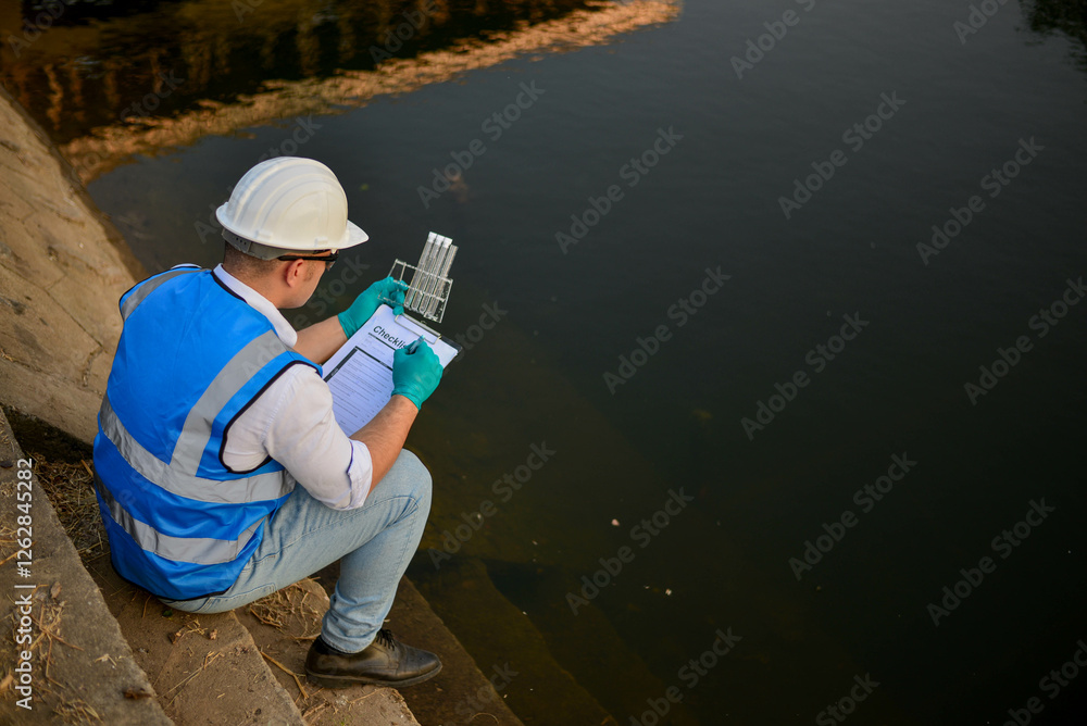 An expert ecologist is taking water samples back to a science lab to test aquatic life to examine the ecosystem. An expert ecologist is taking water samples back to a science lab to test aquatic life to examine the ecosystem.