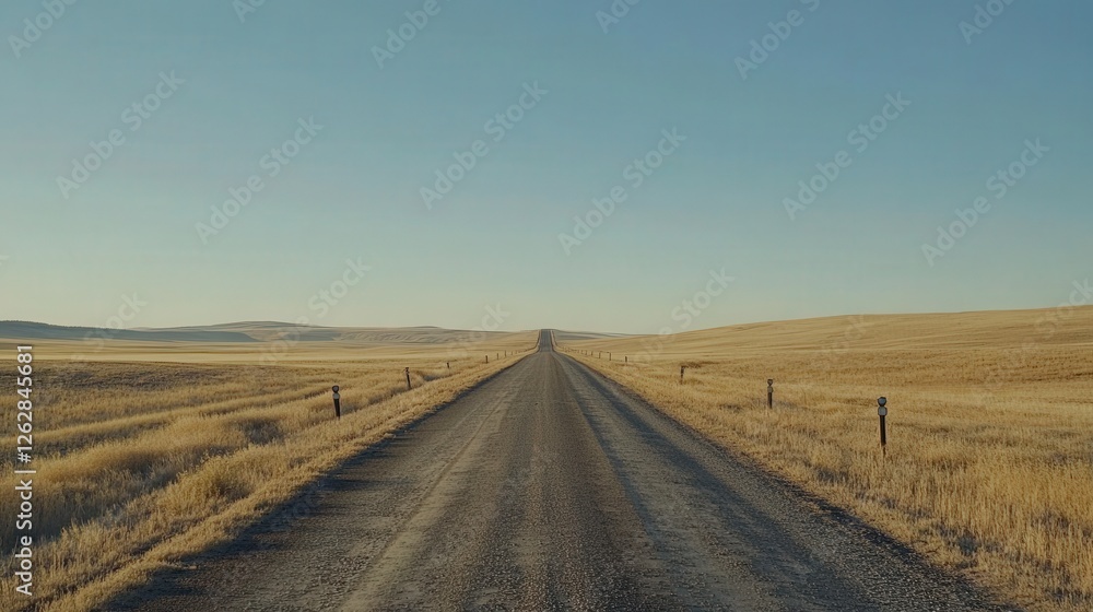Vast Expanse A Long Dirt Road Cuts Across a Golden Grassland Under a Clear Blue Sky Vast Expanse A Long Dirt Road Cuts Across a Golden Grassland Under a Clear Blue Sky
