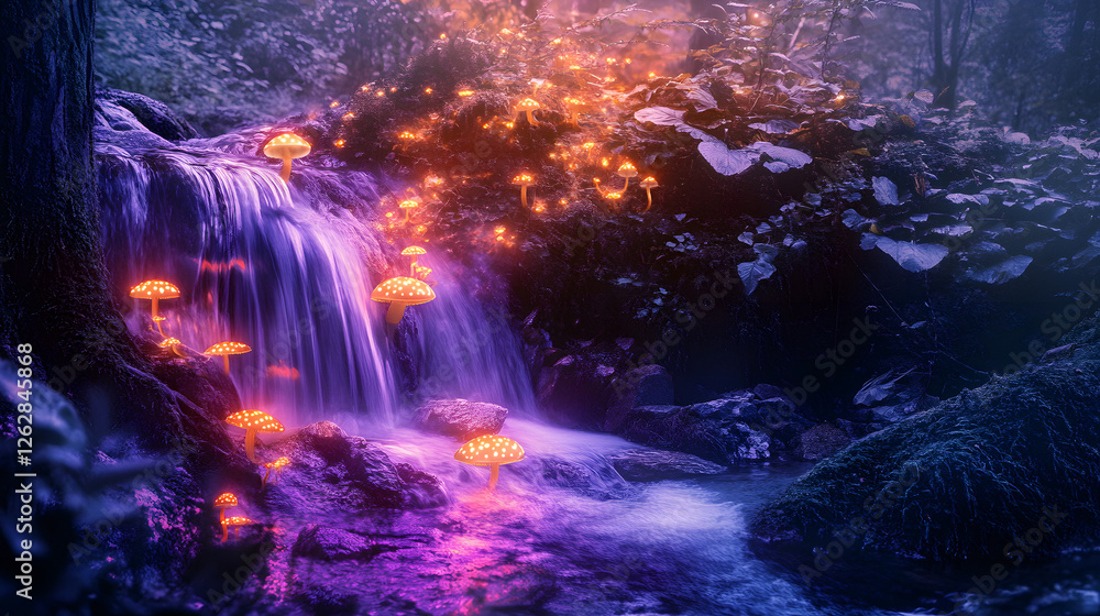 Fototapeta premium Fantasy photography of glowing mushrooms on the side of an enchanted forest stream